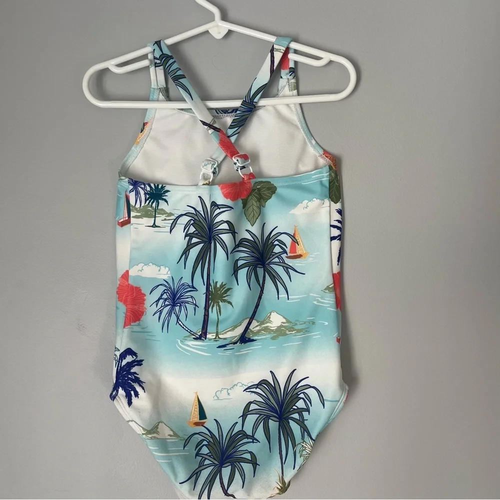 Outdoor Oasis 5T Toddler White Tropical One Piece Swimsuit Coconut Palm Tree